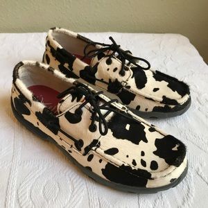 Twisted X Boots Cow Print Hair on Hide Lace Up Boat Shoe Loafer EUC 8.5